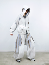 RELABEL (Daylight Fade) Dreamy Striped Patchwork Double-Layer Hand-Stitched Distressed Stitching Heavy-Washed Zip-Up Hoodie