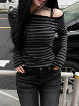 26SS★ [MADE] One-Shoulder Open Stripe Tee