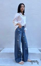 DAISY EMBROIDERED BLUE DENIM PANTS code 25000