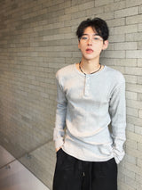 Overlock Henley Neck Knit Long Sleeve 4C