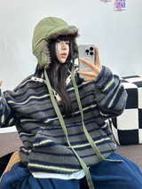 ストライプフリースワンサイドストリングアノラックニットスウェット 💙🩶🧡3COLOR