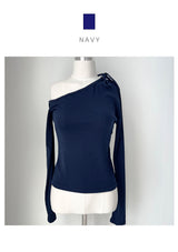 Unbuttoned off-shoulder halter strap long sleeve T-shirt (3 colors)