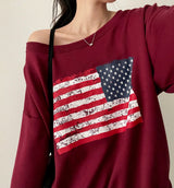 Ture unbalanced off-shoulder American flag sweatshirt