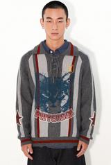 Loose lapel, raglan sleeve, color-blocked striped, cut-out printed sweater