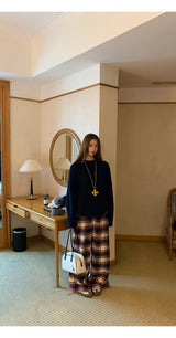Cotton Check Casual Wide Pants