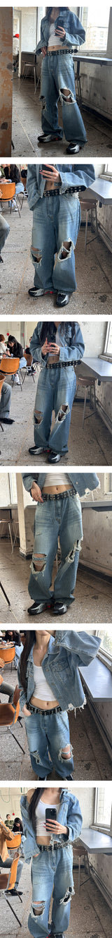 [Unisex] 膝下ダメージワイドデニムパンツ