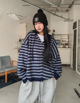 Onz Striped Mohair Knit Hood Zip-Up