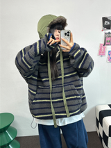 ストライプフリースワンサイドストリングアノラックニットスウェット 💙🩶🧡3COLOR