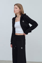 EARTHYUSE HOODIE ZIP-UP TOP - BLACK
