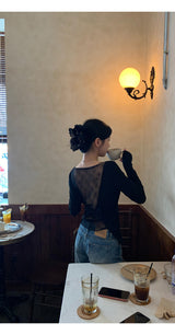 Black bag see-through pad bow long-sleeved shirt