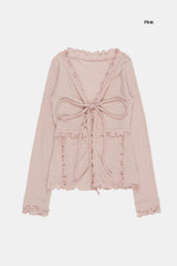 Non-button frill ribbed cardigan