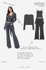 ロイヤル チャコール フリル トレーニング スリーピース セットアップ (Cardigan+Sleeveless+Pants)