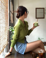 [BELLIDE MADE] Vivid, collar neck rib knit cardigan