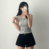 Carn spandex シャーリングフリルVネックノースリーブナシベスト