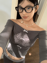 オフショルダーボウシャーリング長袖Tシャツ