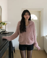 Winter Angora Knit Hooded Cardigan