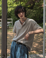 スウィートワッフルヘンリーネック半袖 (3 color)