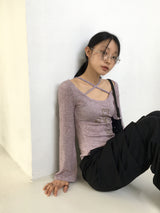Comfo ビンテージクロスストラップディープUネック長袖Tシャツ