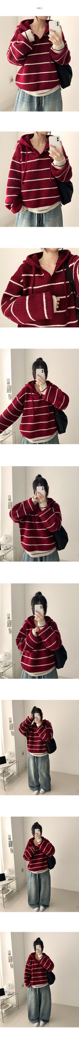Foaming Stripe Dangara Boxy Fit Knit Hooded