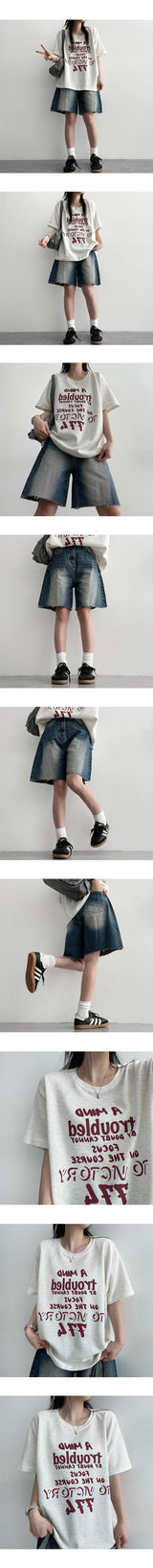 【S～2XL】ウェリンウォッシング裾カットデニムショートパンツ