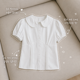 Dike Round Collar Puff Sleeve Vertical Slit Short Sleeve Blouse (2 Colors)
