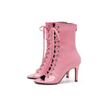 Eyelet Patent Lace-up Open Toe Heel(Pink)