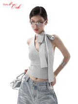 Summon Oak Pure Desire Basic Versatile Thin Short Streamer Slim Halter Backless Knitted Vest for Women