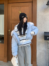 アイスブルームファーカラーダックダウンショートパファー