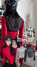 #T1114 Bow print patchwork lace top