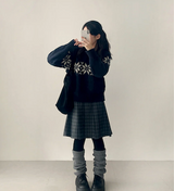 Bomi A-line pleated check midi skirt 