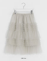 Juril Mesh Frill Tiered Elastic Midi Skirt