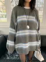 Hazy Hairy Stripe Loose Rose-Fit Knit