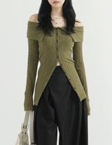 Off-Shoulder Ribbed Slit Cardigan