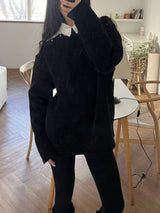 [UNISEX] Overfit velor off shoulder double snap button long sleeve knit T (4 colors)
