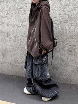 shot crack denim cargo balloon pants