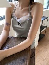 Leve Vintage Lace Ribbon Point Halter Strap Tank Top