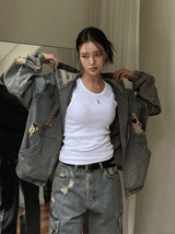 Damage Two Way Denim Hooded Jacket