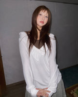 (3color) Ruffle Deep V-neck Slim Long Sleeve Tee