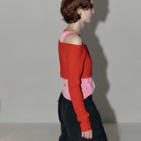 Button off crop cardigan set Red