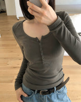 [ORIGINAL] Clock Ribbed Henley Neck Long-Sleeve T-Shirt
