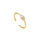 Evil Eye Minimal Line Mother of Pearl 925 Silver + 14k gold platingAdjustable Size Ring R030-01G