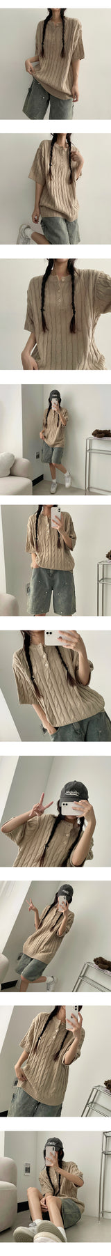 Lomon Cable Henry Neck Twisted Short Sleeve Knitwear