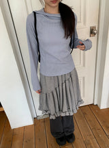 Lahomi Diagonal Ribbed Button Hood Long Sleeve Tee