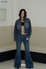 Round medium blue zip-up denim jacket