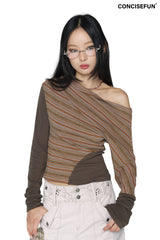 CONFUN Asymmetrical off-the-shoulder, laid-back and slimming base layer, striped knitted patchwork top