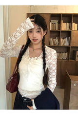 Lace shirring two-piece long-sleeved blouse T-shirt