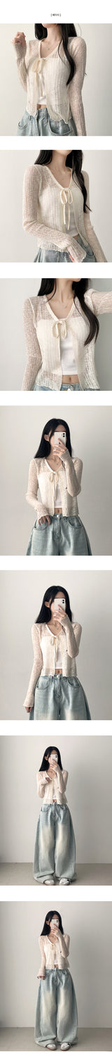  Monp pattern see-through ribbon knit cardigan
