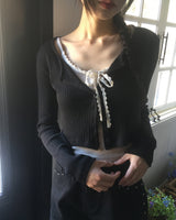 Ponen Cotton Ribbed Cropped U-neck Cardigan