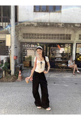 Lace Black Side Shirring Casual Pants