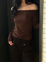 Lace edge off shoulder slim top(3color)